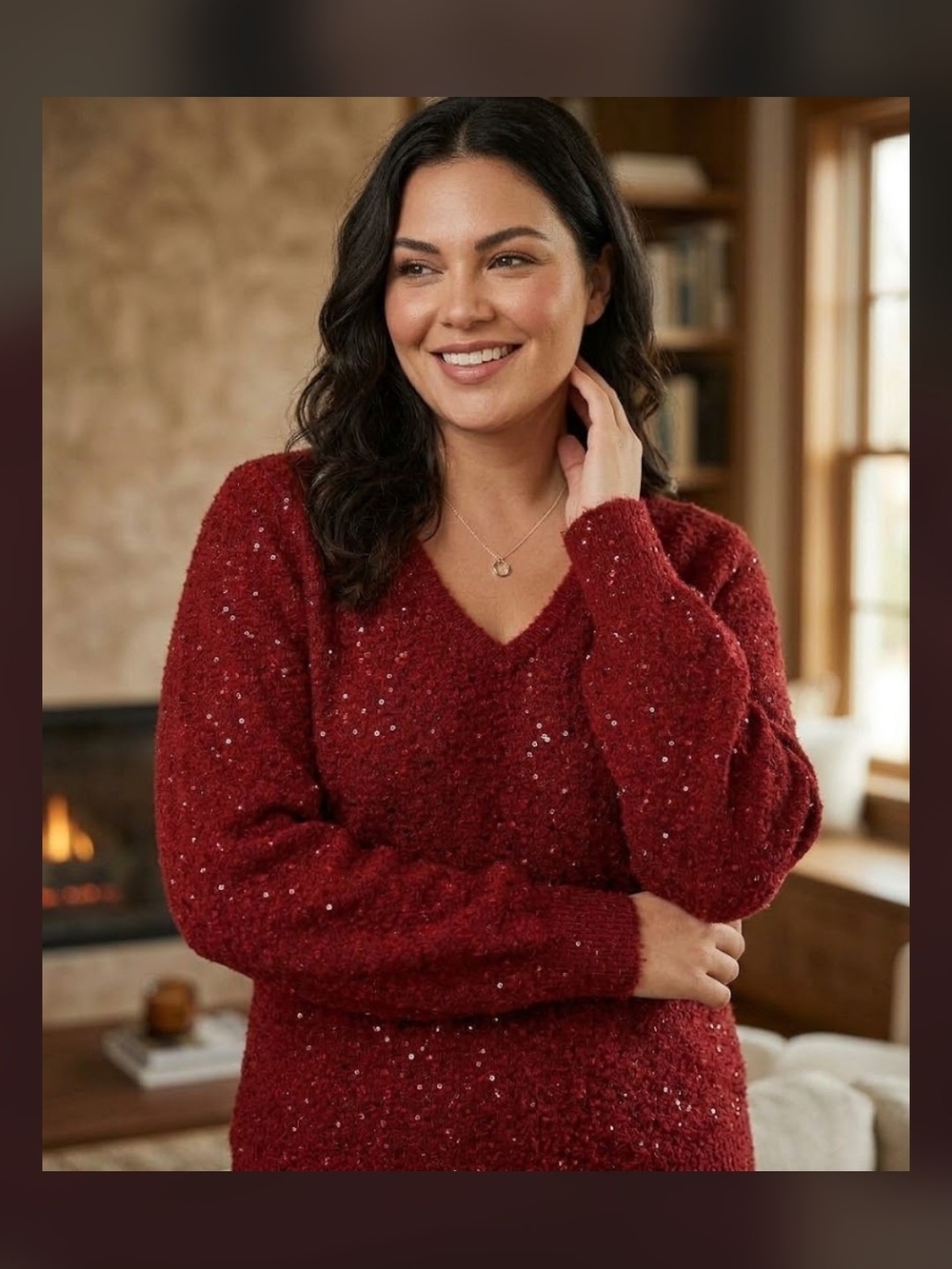 WHBM V-Neck Sequin Red Sweater - Size Large EUC